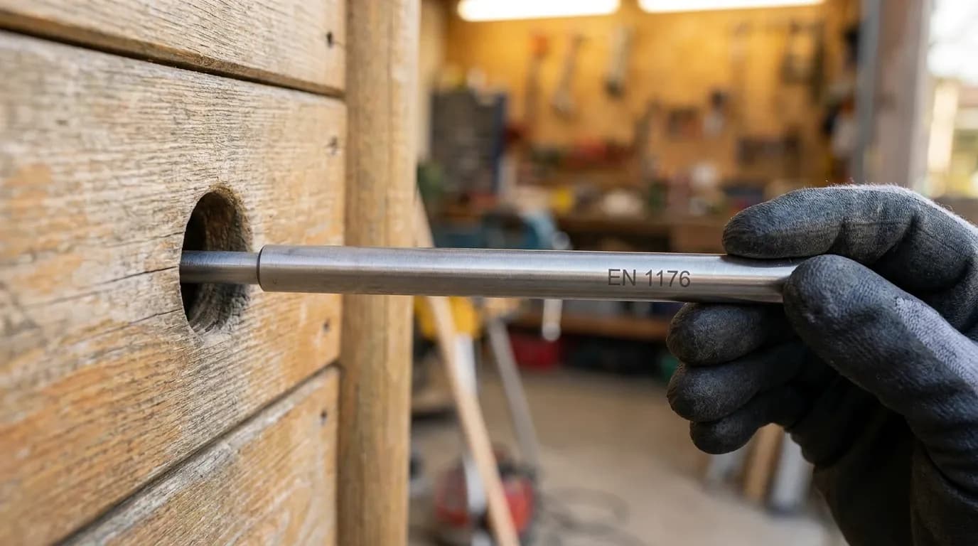 A gloved hand inserting a stainless steel testing gauge into a drilled hole in a wooden playground element, in a workshop.