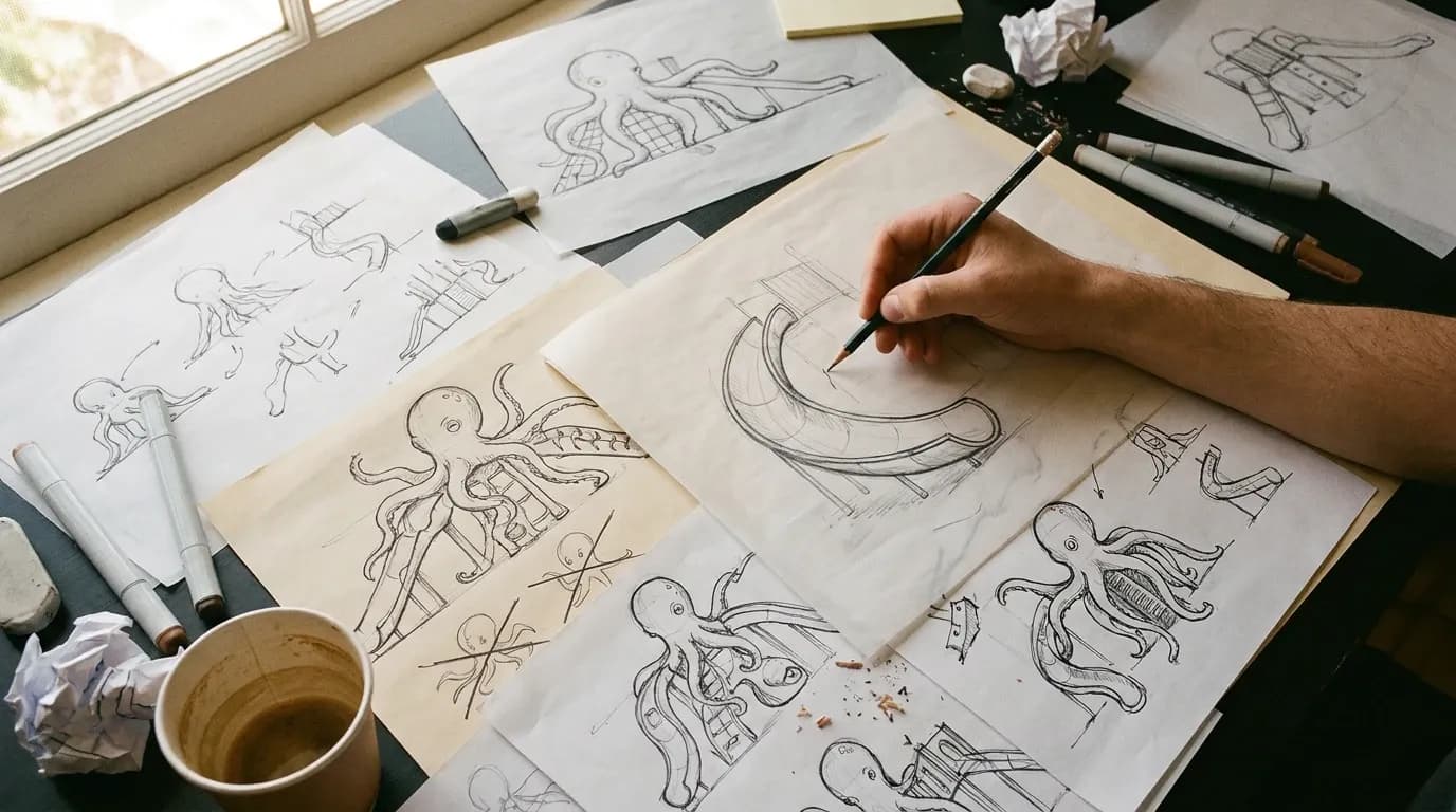A hand sketching octopus-themed slide concepts at a desk covered with drawings and markers.