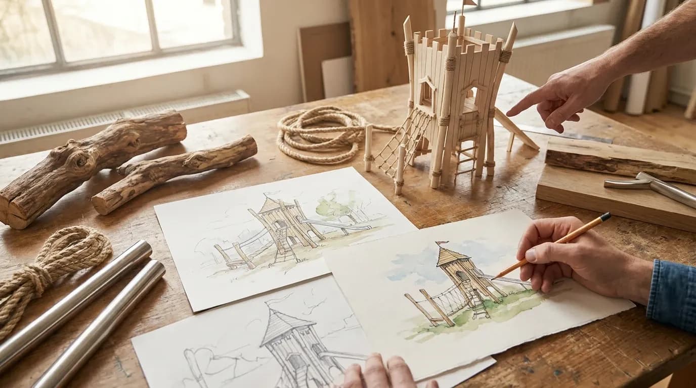 A designer's desk with watercolour sketches and a wooden model of a playground tower, hands at work.