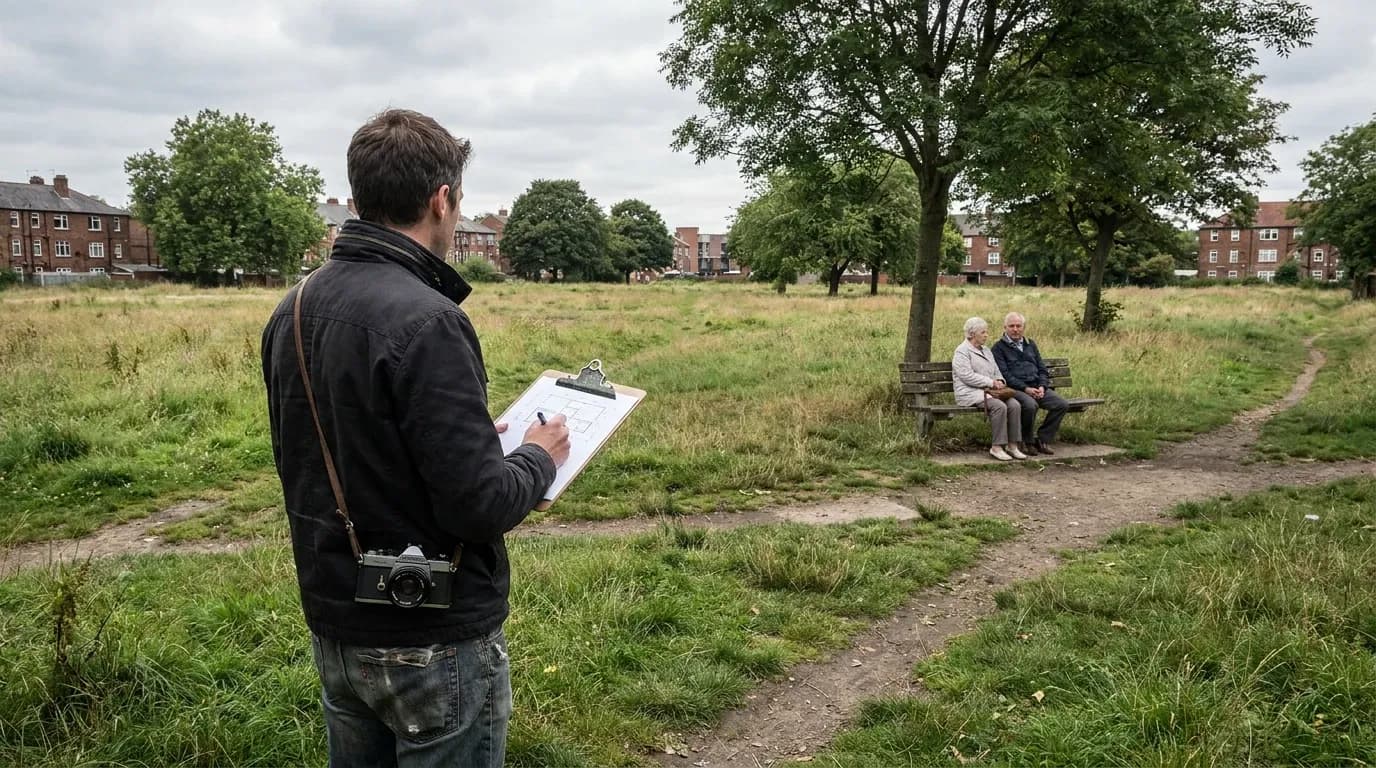 A designer on site with a sketchbook and camera, surveying an empty urban plot, an older couple on a bench in the background.