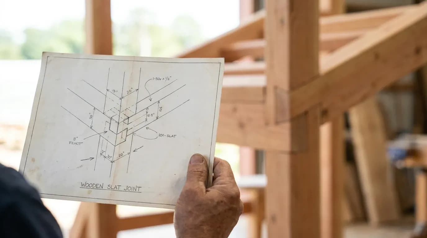 A hand holding a technical drawing of a wooden slat joint, with the timber structure under construction behind.
