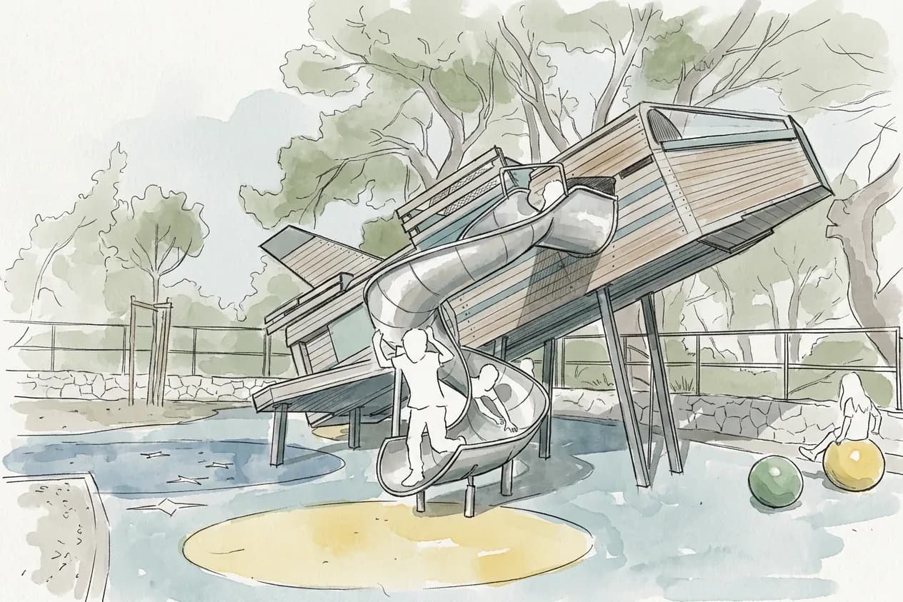 Concept sketch of the rocket playground at Makarska Observatory, with its spiral slide.