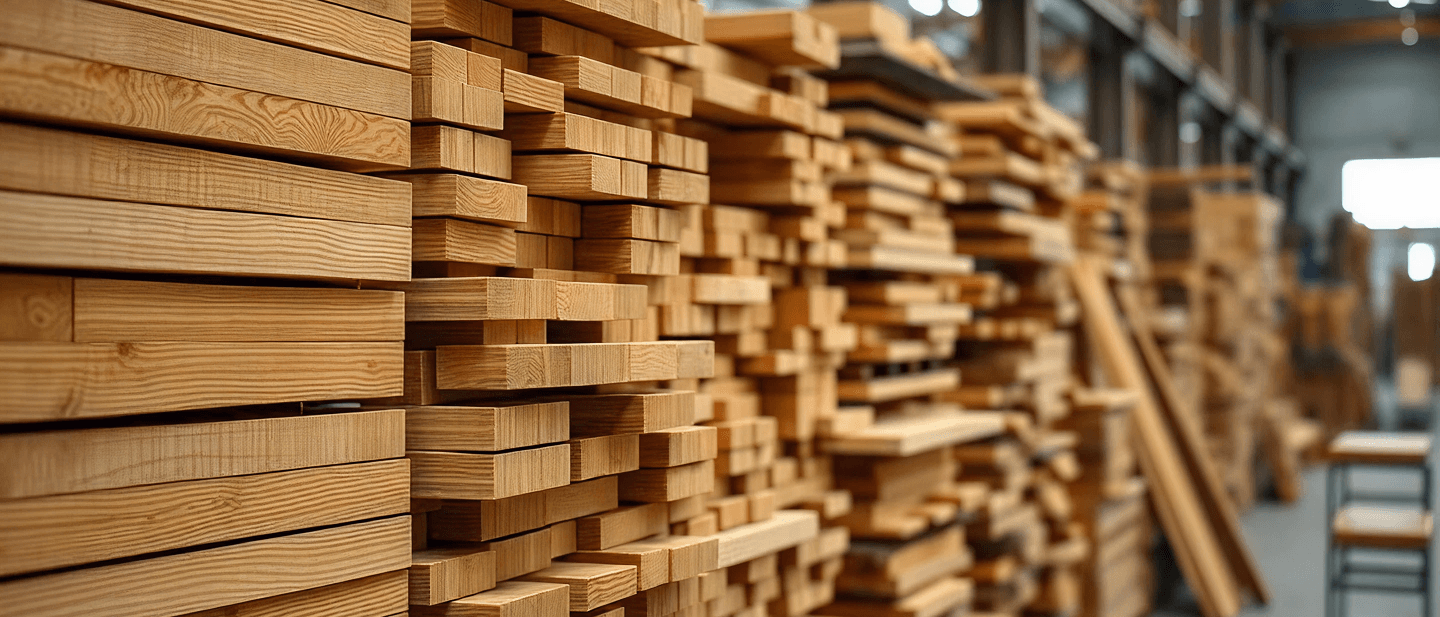 Stacked wooden timber beams and planks in a lumber yard, showing grain and cut ends, with warehouse racking in the background.