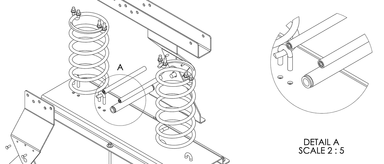 A technical engineering drawing of a spring and bracket assembly, with a zoomed detail callout showing a bolted joint.
