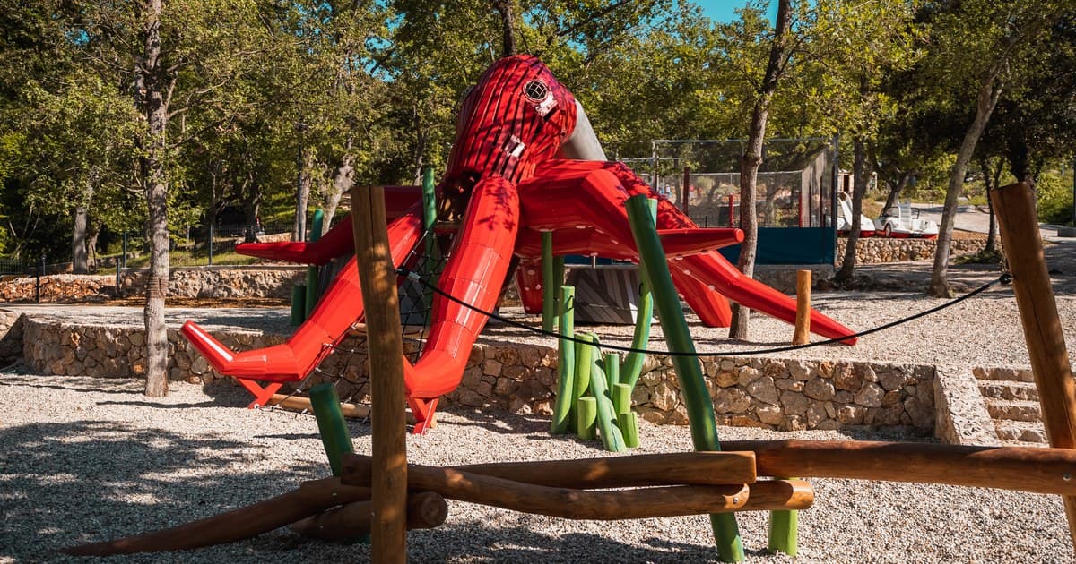 Aerial context view of the octopus playground at Glavotok Campsite, island of Krk.