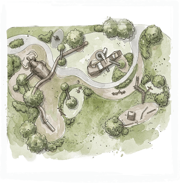 A watercolor aerial site plan showing a winding path connecting distinct play zones across a green landscape, including a mammoth-shaped climbing feature, a spiral slide structure and smaller play elements among clusters of trees.