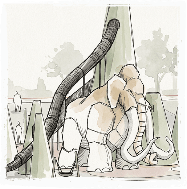 A watercolor sketch of a large sculptural mammoth climbing structure with a netted tube slide rising over it toward a conical tower, framed by green cone shapes and trees.