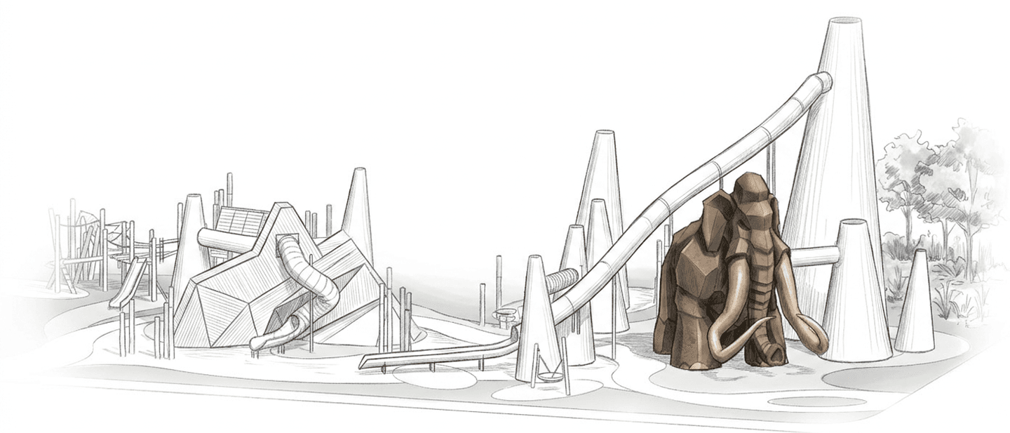 A pencil concept sketch of a themed playground with conical tower slides, a spiral tube slide, a rope climbing structure, and two carved wooden mammoth sculptures with trunks forming part of the play structure.