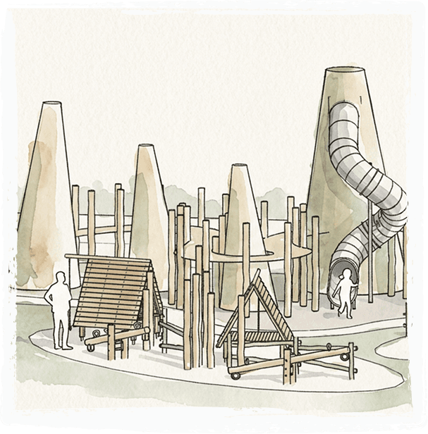 A watercolor sketch of conical timber towers with a spiral tube slide, small wooden crawl-through structures near the ground, and the silhouettes of an adult and child near the slide exit.