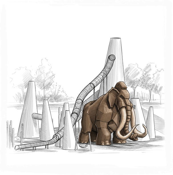 A pencil sketch of a large sculptural mammoth climbing structure with tusks, linked by a netted tube slide to a tall conical tower, with more towers and trees in the background.