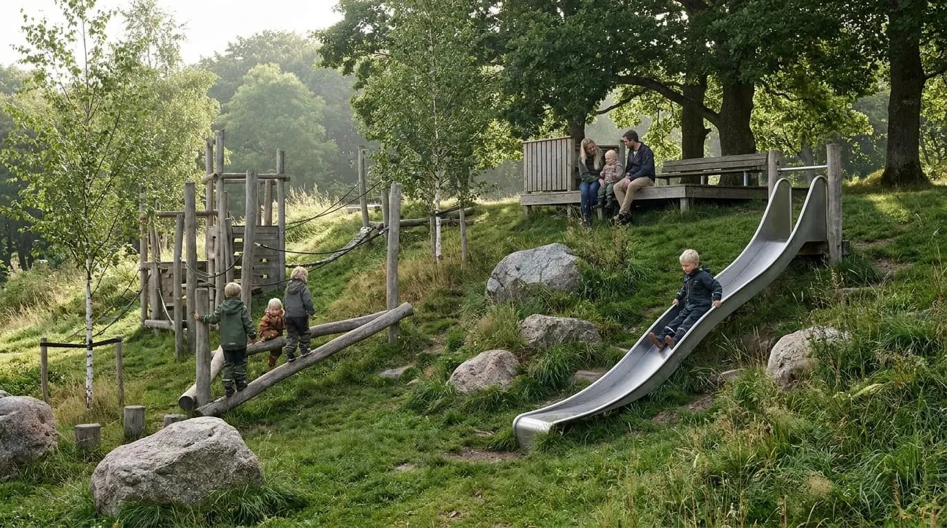 Children climbing a wooden log bridge beside a hillside slide, a family resting under trees in a nature-integrated playground.