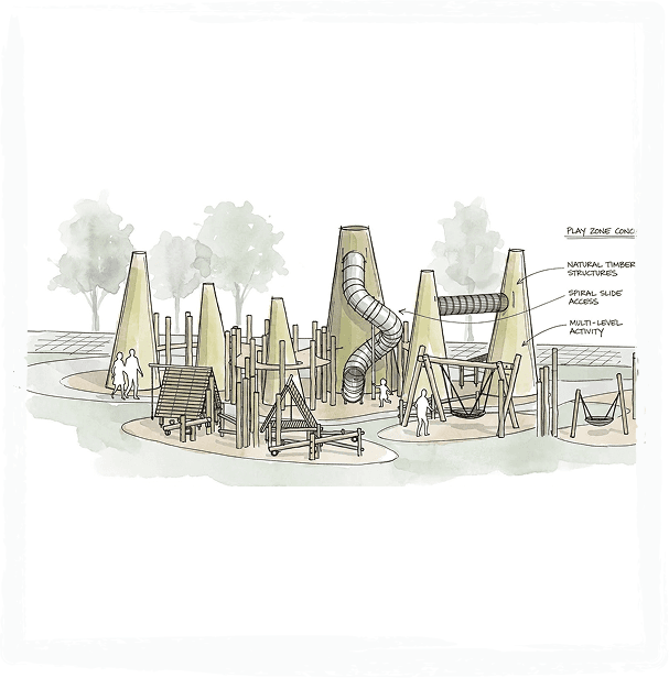A watercolor concept sketch labeled 'Play Zone Concept' showing conical timber towers, a spiral tube slide, net climbing frames and swings, with small figures of children and an adult walking among trees.