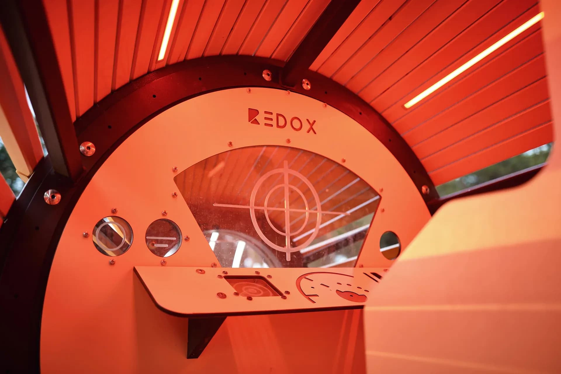 The control panel inside the submarine, with the REDOX mark built into it