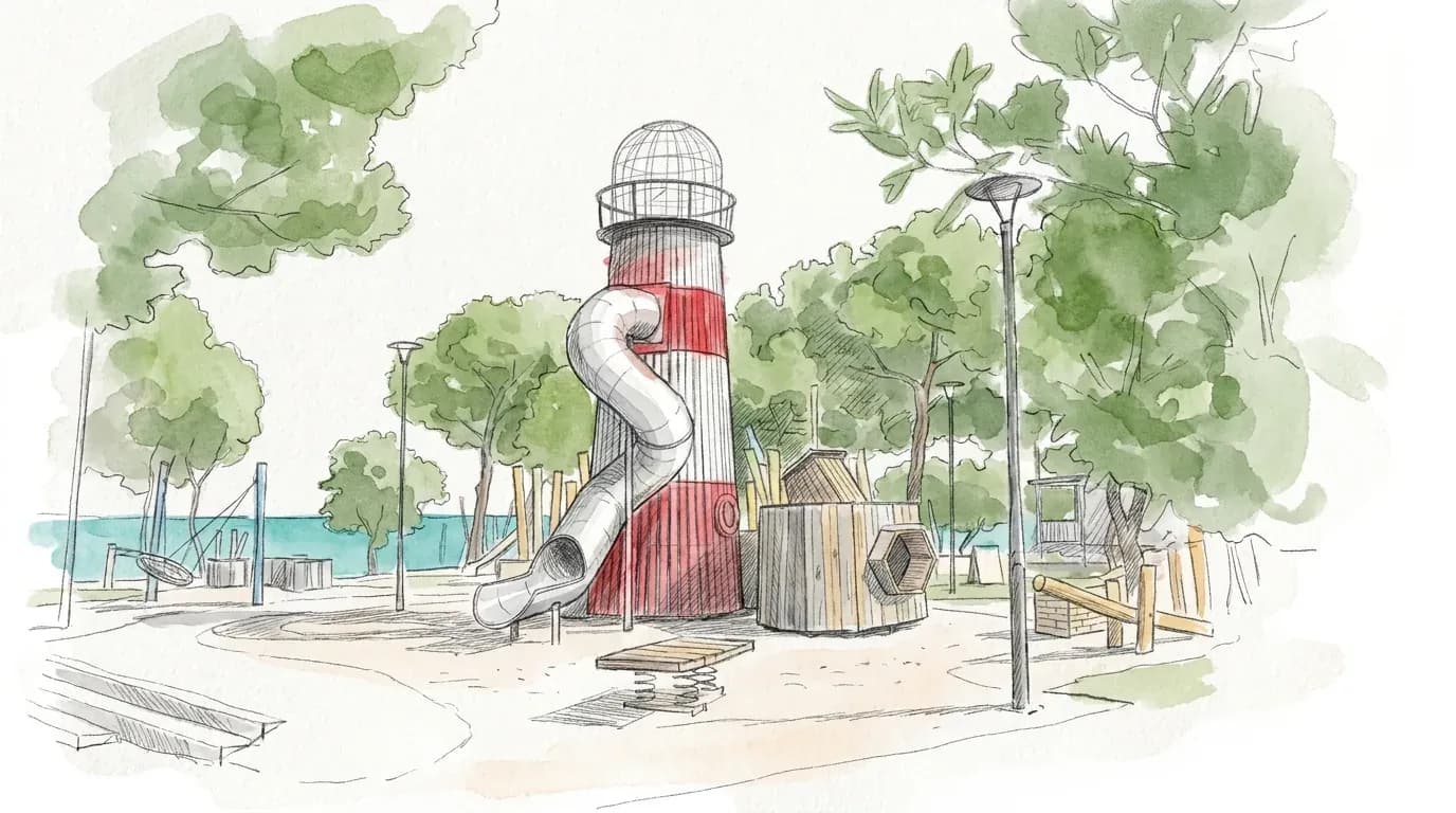 Concept sketch of the lighthouse-themed play structure for Sea World, drawn to a 1:200 scale.