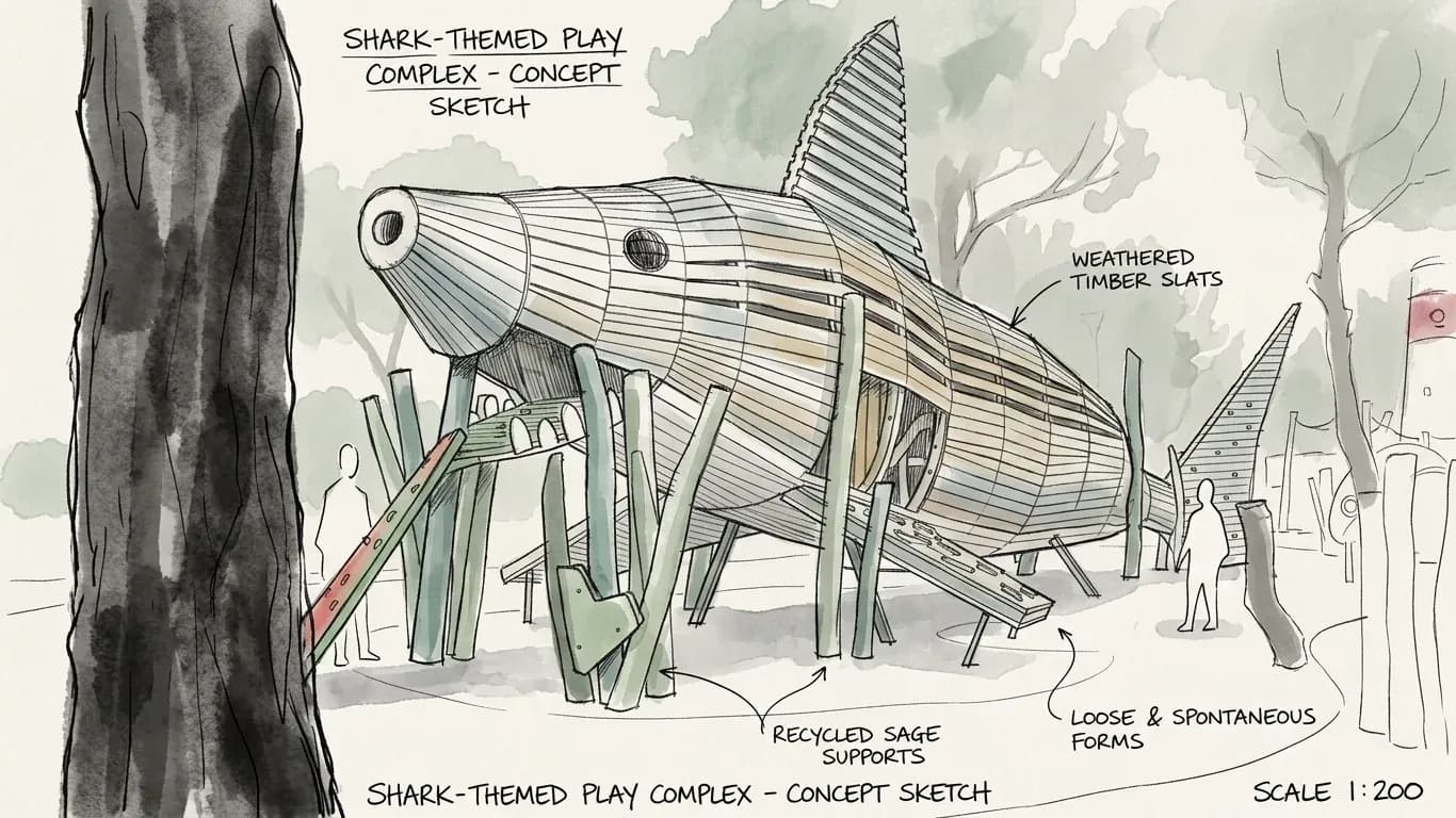 Concept sketch of the shark-themed play structure for Sea World, drawn to a 1:200 scale.