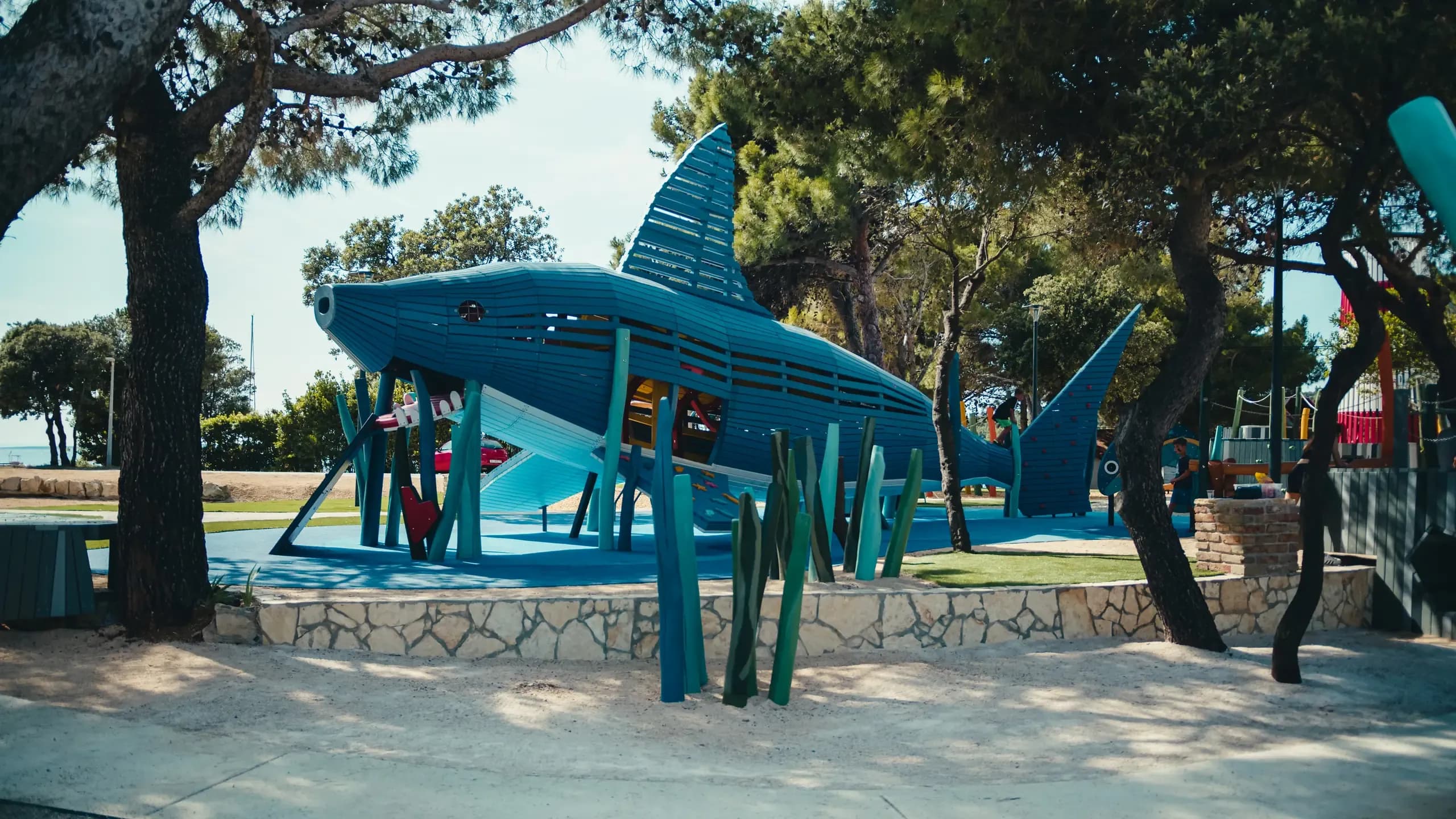 Detail of the shark's tail fin and climbing holds at Sea World.