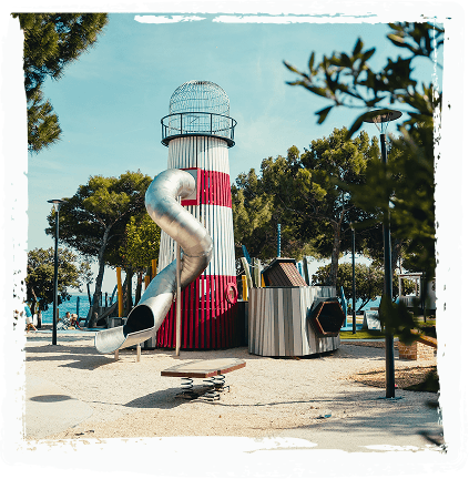 The Sea World lighthouse tower with its spiral stainless steel slide.