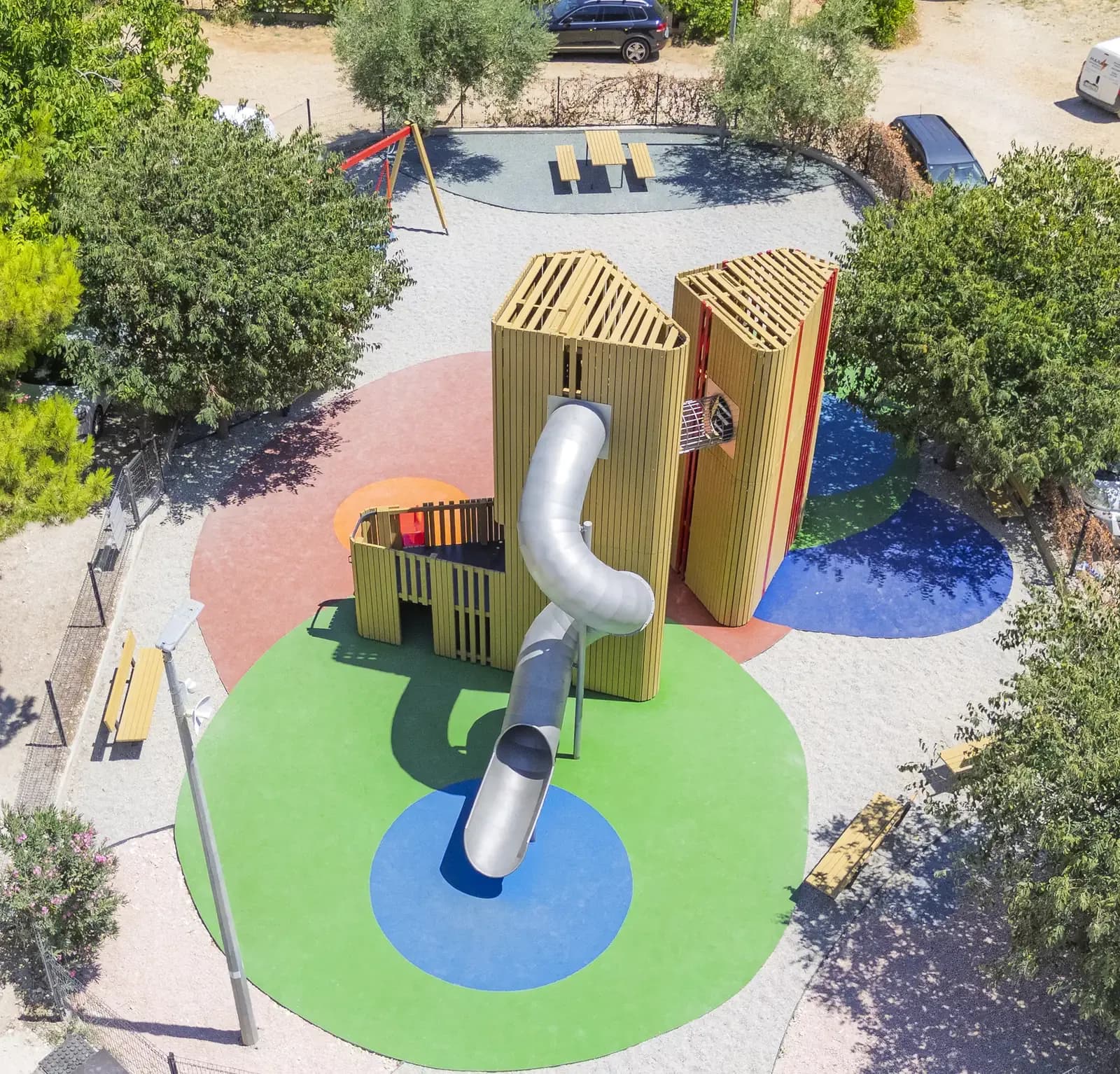 Aerial view of the Urban Structure playground in Trogir, with the swing and picnic area surrounding the central structure.