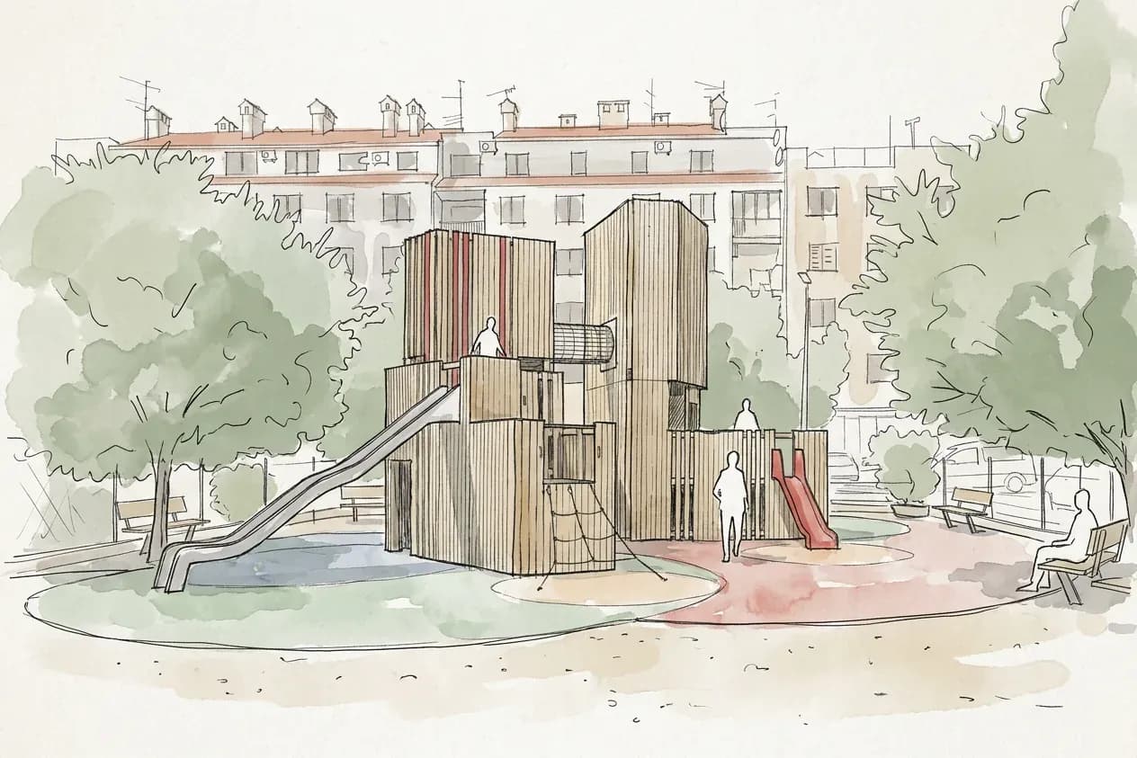 Concept sketch of the Urban Structure playground in Trogir, showing the timber tower structure with slides.