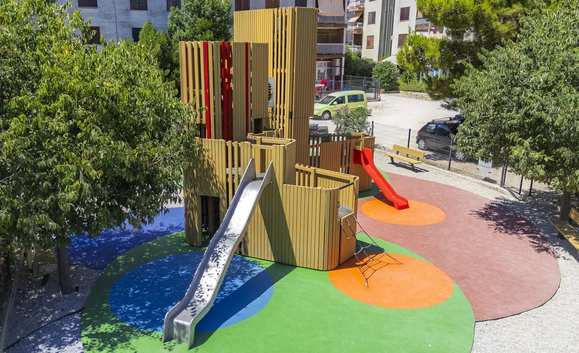 Elevated view of the platform and passage system of the Urban Structure playground in Trogir.