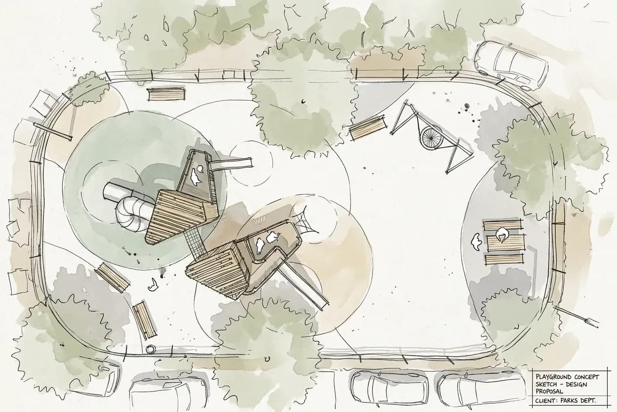 Site plan sketch of the Urban Structure playground in Trogir, showing the central structure and surrounding elements.