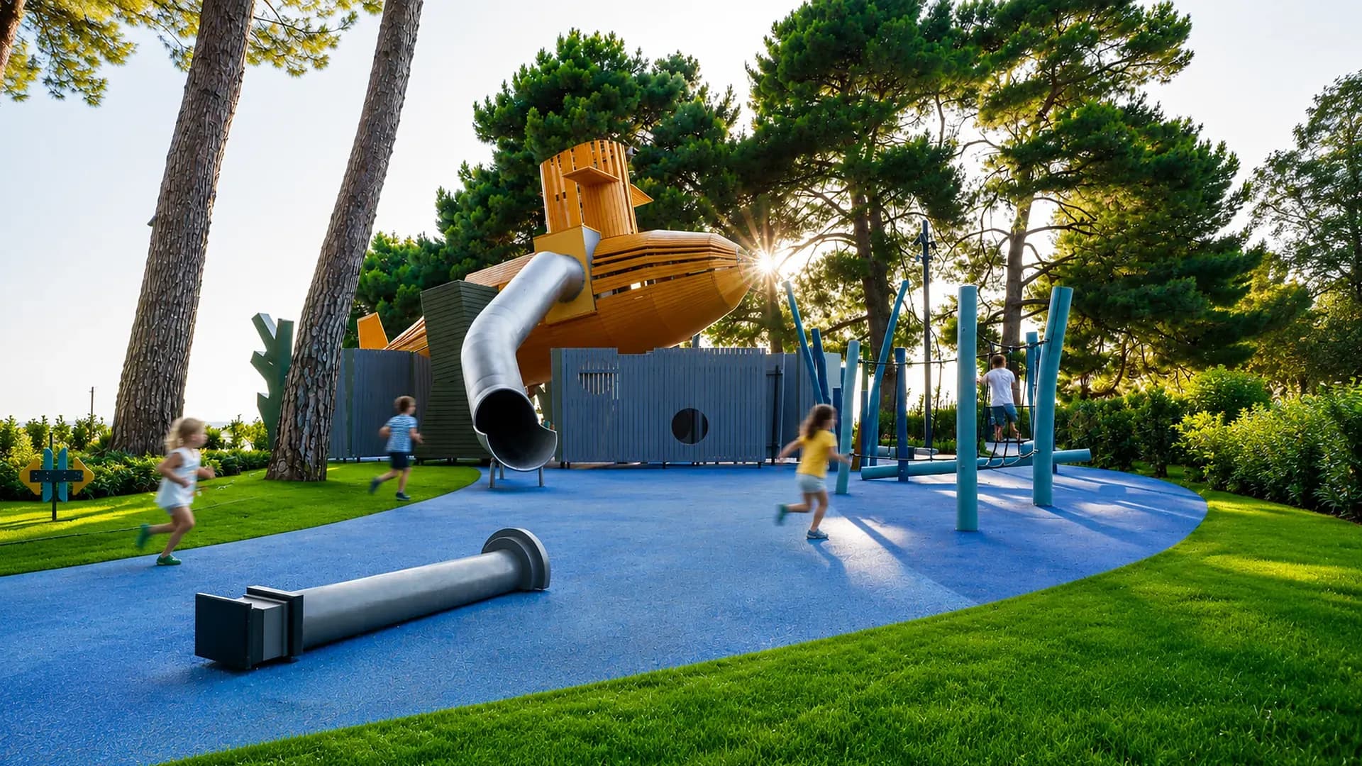 The Yellow Submarine playground at Valamar Pical Resort in Poreč, the twelve metre yellow submarine with the stainless steel spiral slide, children running across the blue surfacing among the pines