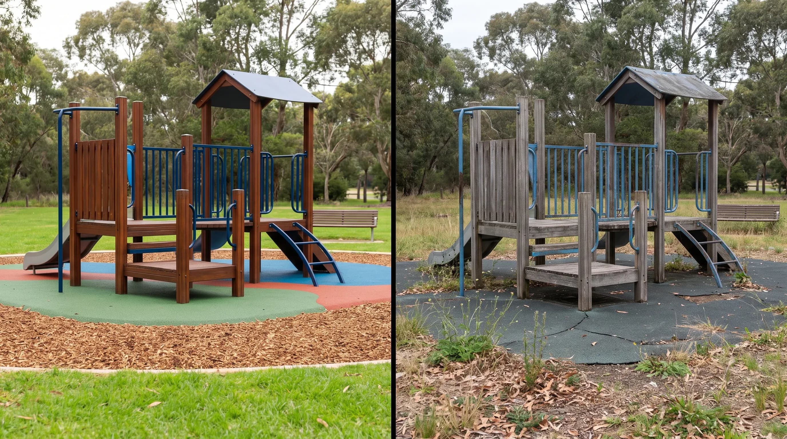 Split comparison of a well-maintained playground and a neglected, weathered playground in the same park setting