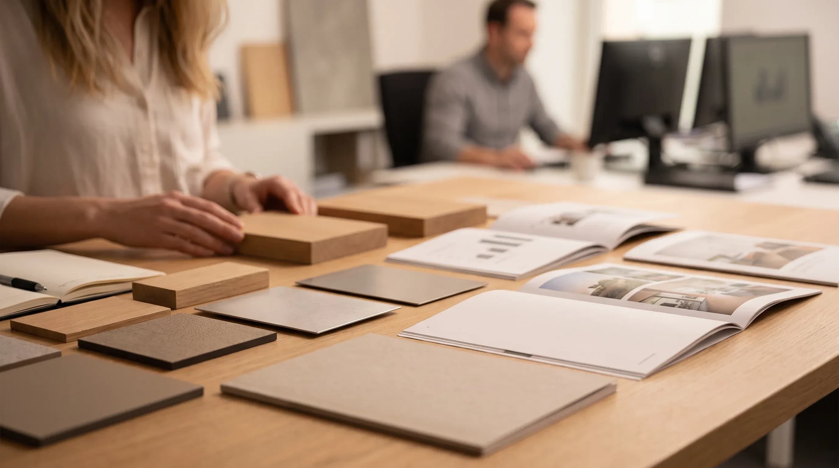 Unbranded wood, steel and HPL samples with generic brochures laid out on a desk for supplier evaluation