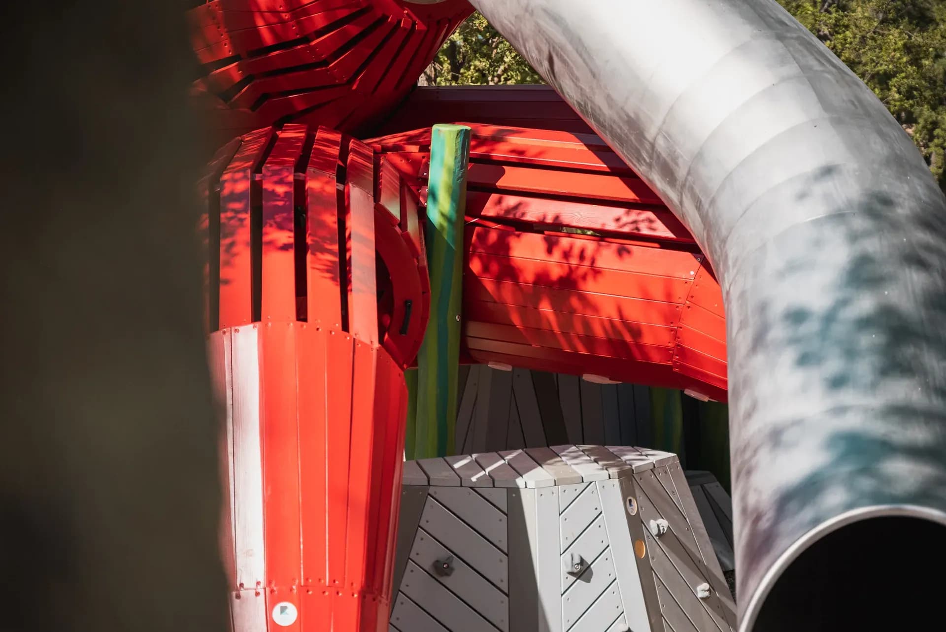 Detail of the climbing structure and slide tube beside the octopus at Glavotok.