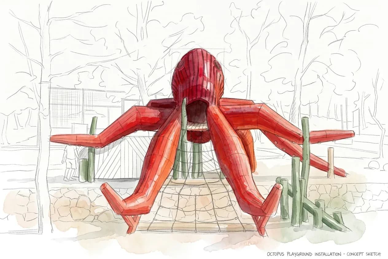 Concept sketch of the octopus playground installation at Glavotok Campsite.