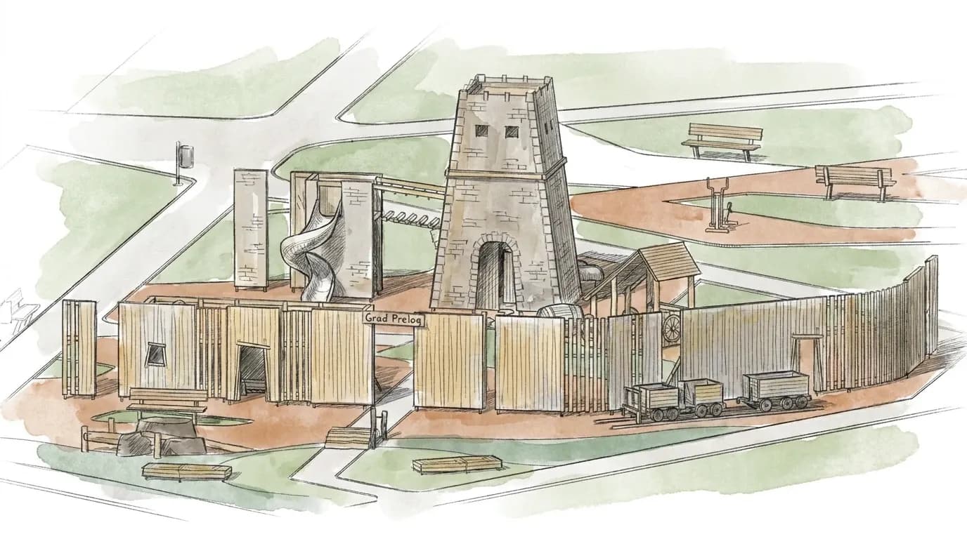 Concept sketch - Timeless Legends watchtower and palisade play area, with slide and mining carts