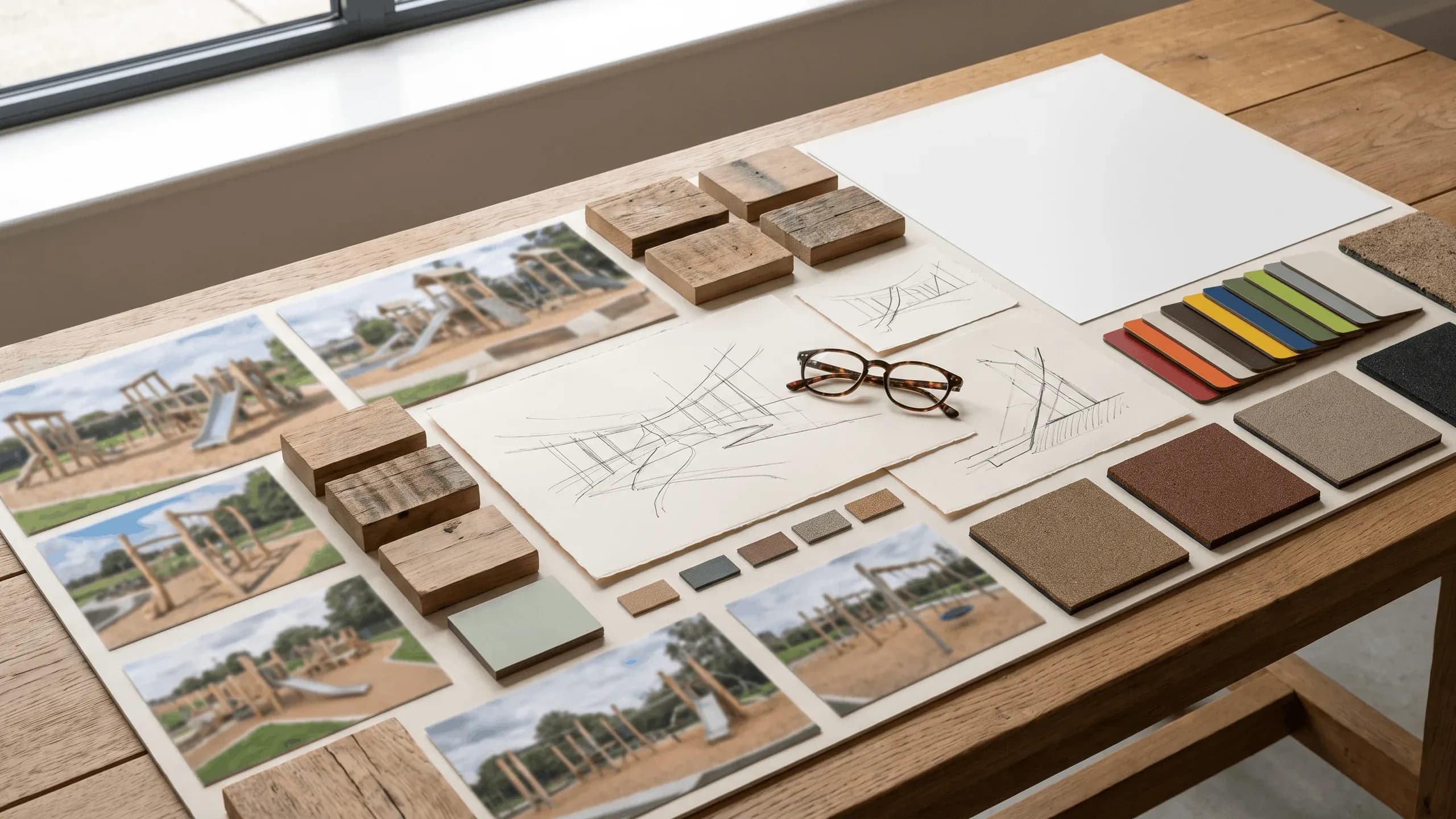 Project ideas moodboard with playground photos, concept sketches and material samples on an oak table
