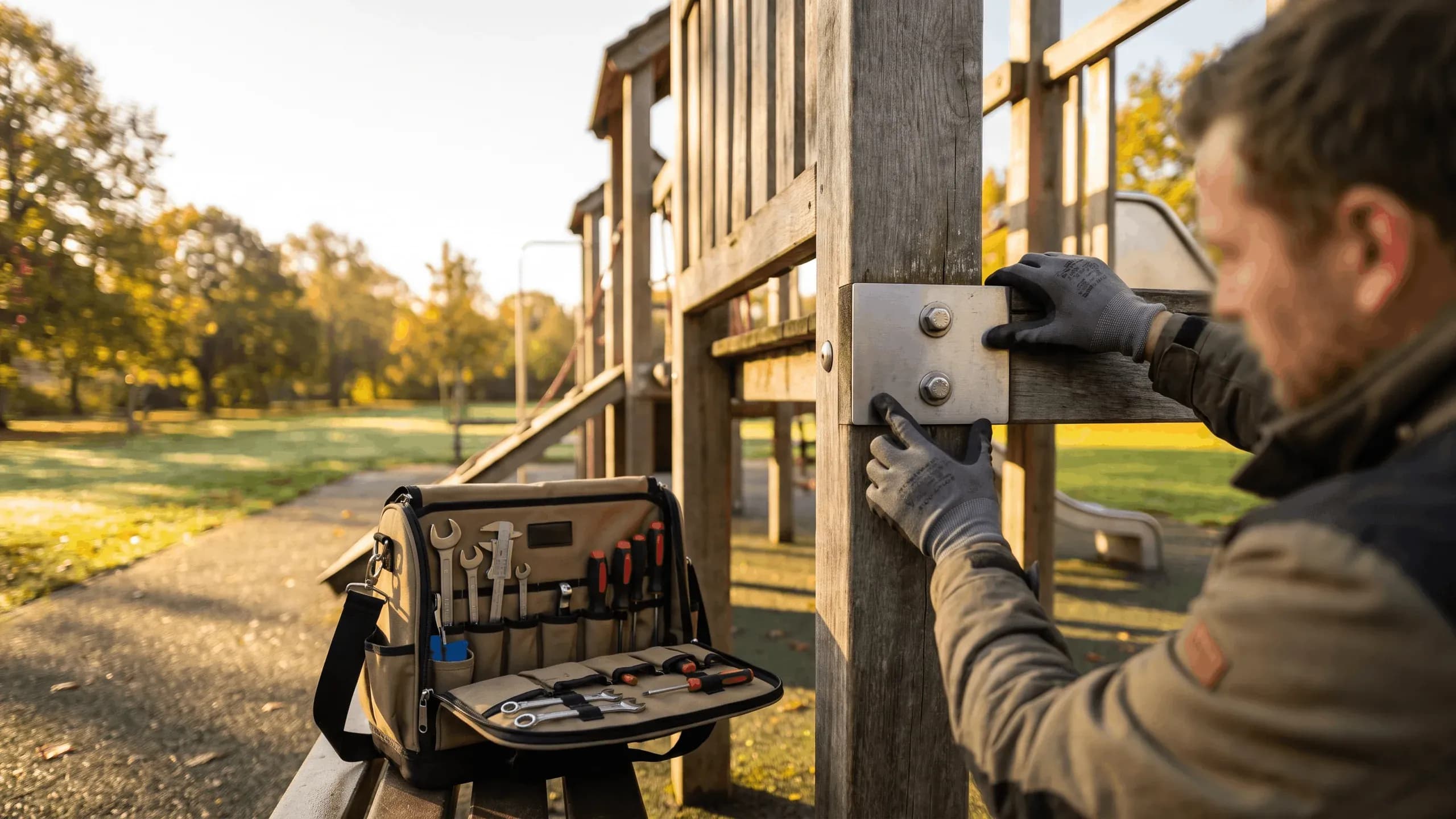 Technician checking a stainless steel bolted connection on a timber playground structure during maintenance