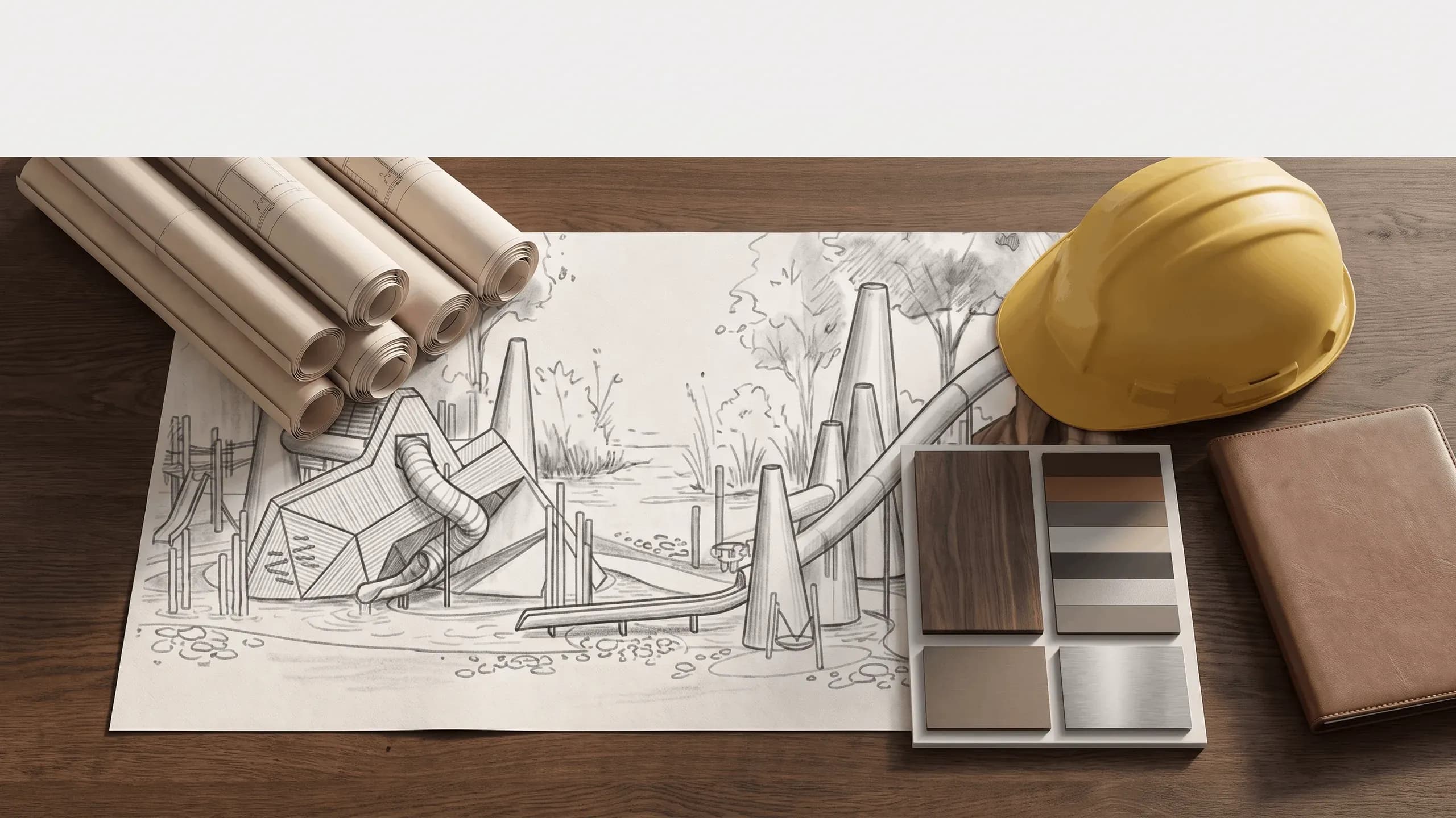 Playground concept sketch with rolled plans, material samples and a safety helmet on a project table
