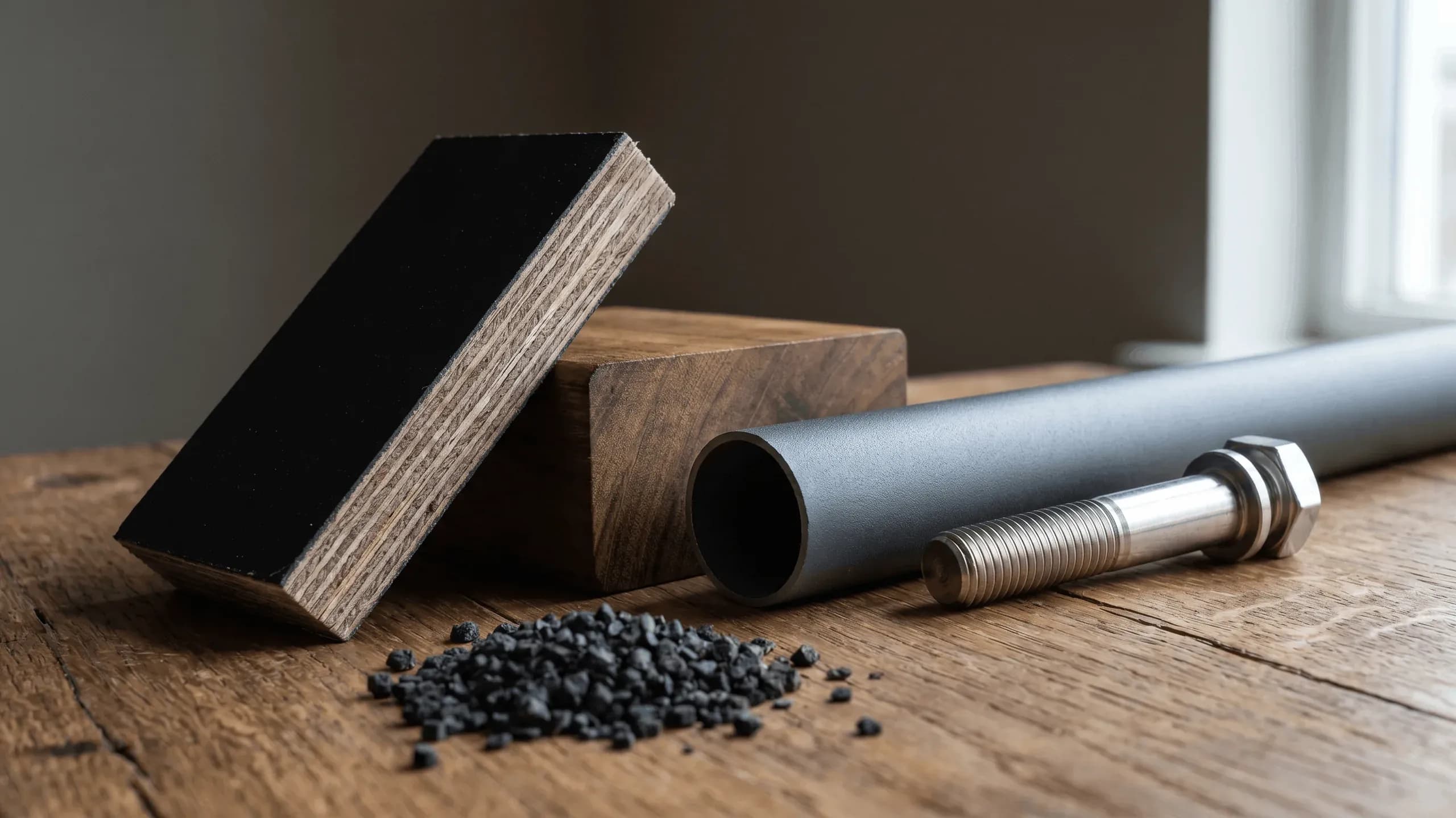 HPL panel, timber block, powder-coated steel tube and stainless steel bolt with rubber granules on a workbench