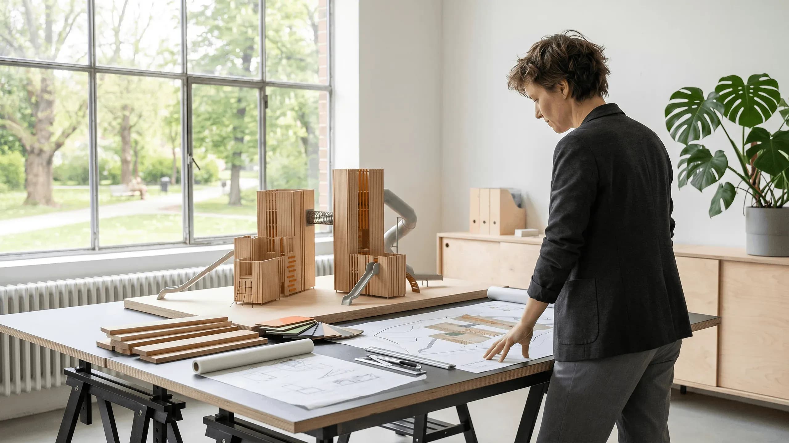 Playground designer reviewing a site plan with a scale model and material samples in a bright studio