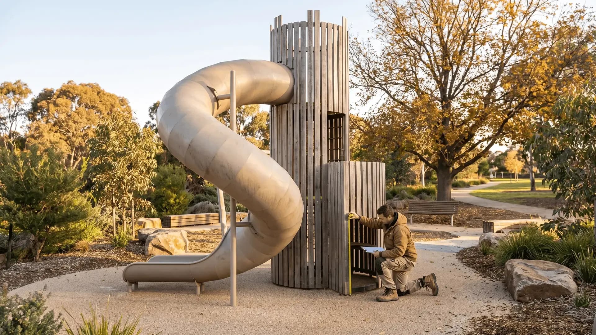 Playground safety specialist measuring the fall zone next to a timber tower with a tube slide in a public park